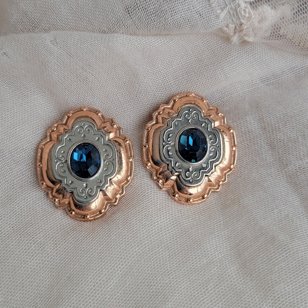 Vintage 1928 Mixed Metal Blue Crystal Clip‎ On Earrings 1980s Victorian Revival